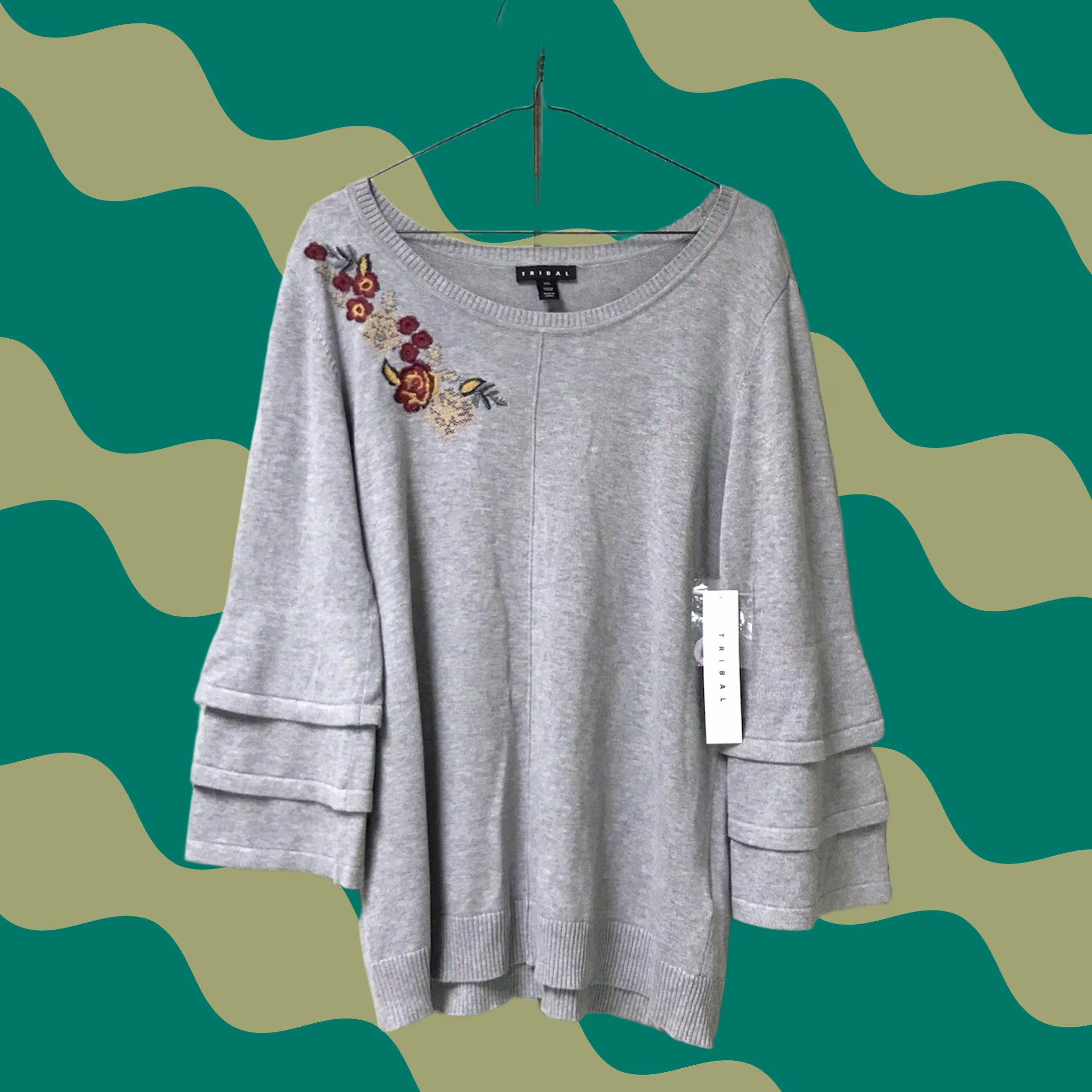 Vintage Tribal Sweatshirt Gray Floral Embroidered Knit Ruffle Layered 3/4 Sleeve Boatneck L Women Tops Blouse Size L / US 10 / IT 46 - 1 Thumbnail