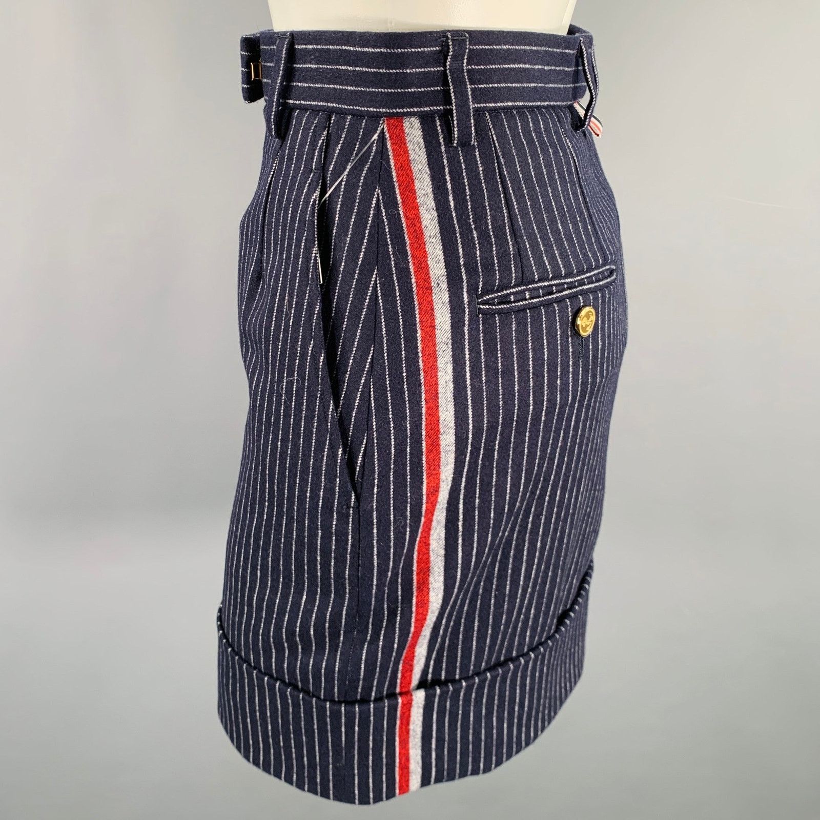 Thom Browne Size 0 Navy White Wool Cashmere Pinstripe Cuffed Mini Skirt Size 25" / US 0 / IT 36 - 4 Thumbnail