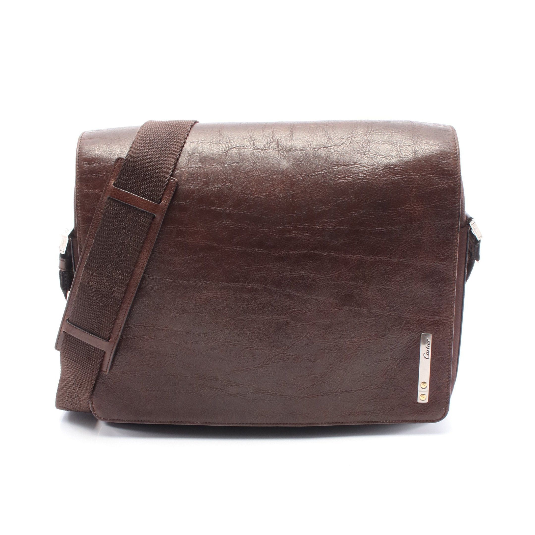 Cartier Santos Messenger Shoulder Bag Canvas Leather Dark Brown in Black, Men's