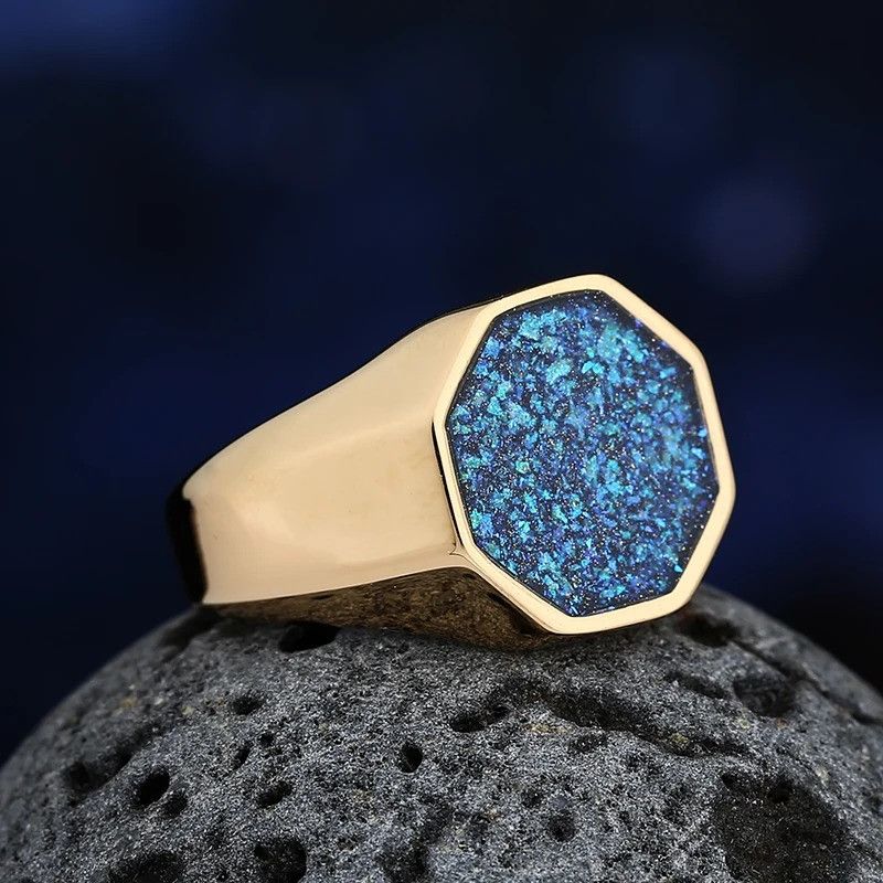 Vintage Geometric Epoxy Blue Gold Ring Size ONE SIZE - 4 Thumbnail