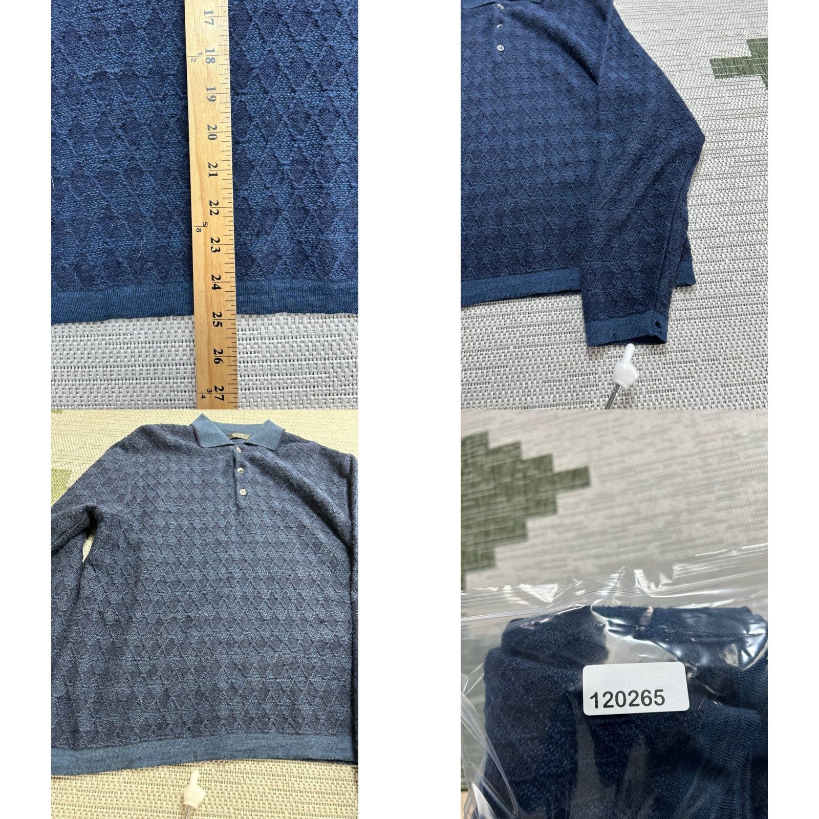 Vintage Segreto Mens Polo Sweater Diamond Textured Knit Wool Blue M Adult Regular Size US M / EU 48-50 / 2 - 8 Thumbnail