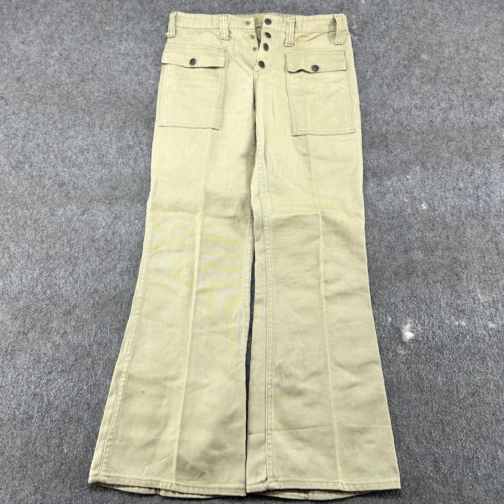 Bell VINTAGE Flare Pants Womens 30x31 Beige Military Bell Bottom Wide Leg Cargo 70s Pants Womens Wide-Leg Beige 30 31 Vintage Rock Pockets Stretch Mens? Size 30" / US 8 / IT 44 - 2 Thumbnail