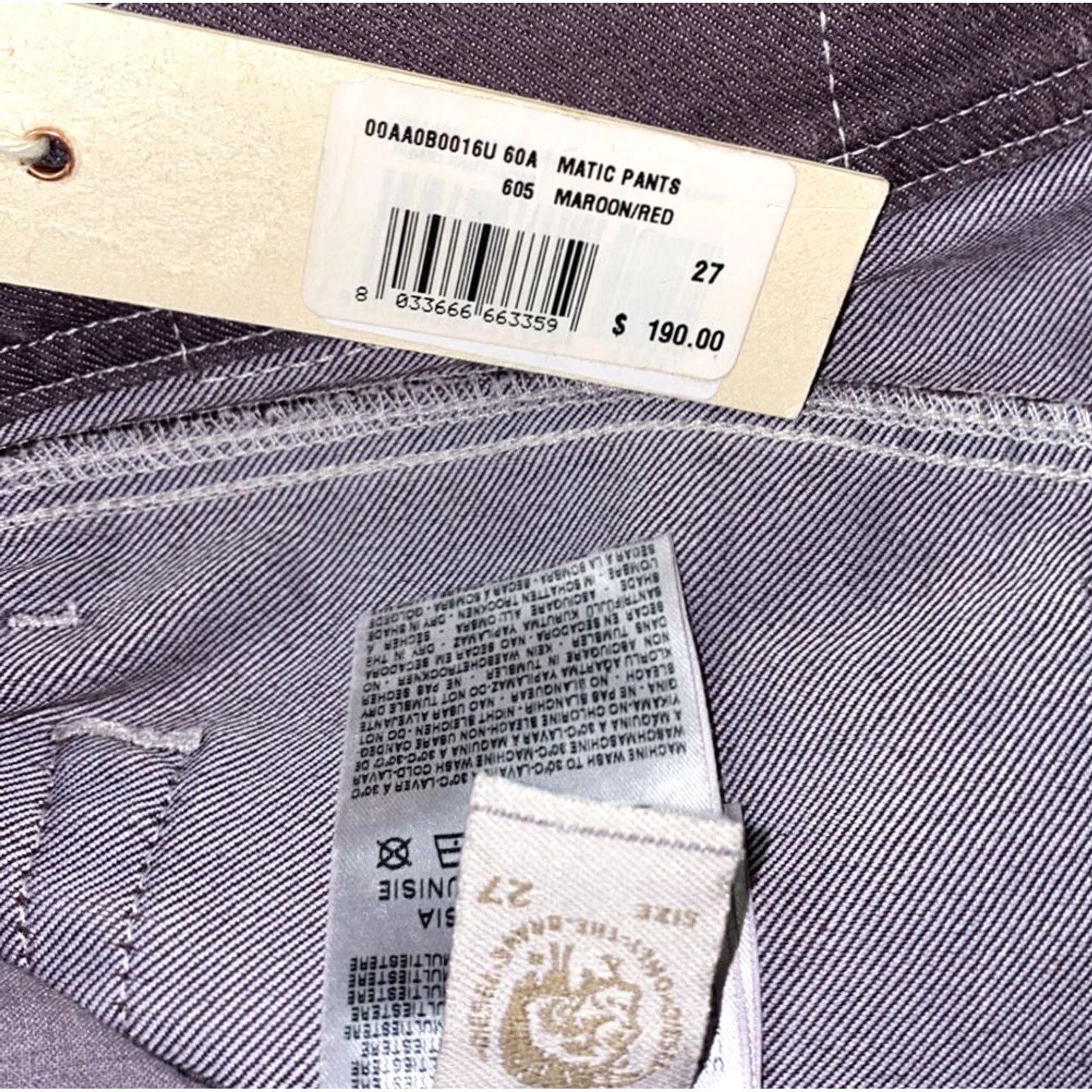 Diesel Diesel Industry Womens Pants Zip Fly Purple Maroon 27 X 34.5 NWT - Casual, Cotton Blend, Flat Front, Regular, Womens Size 27" / US 4 / IT 40 - 6 Thumbnail