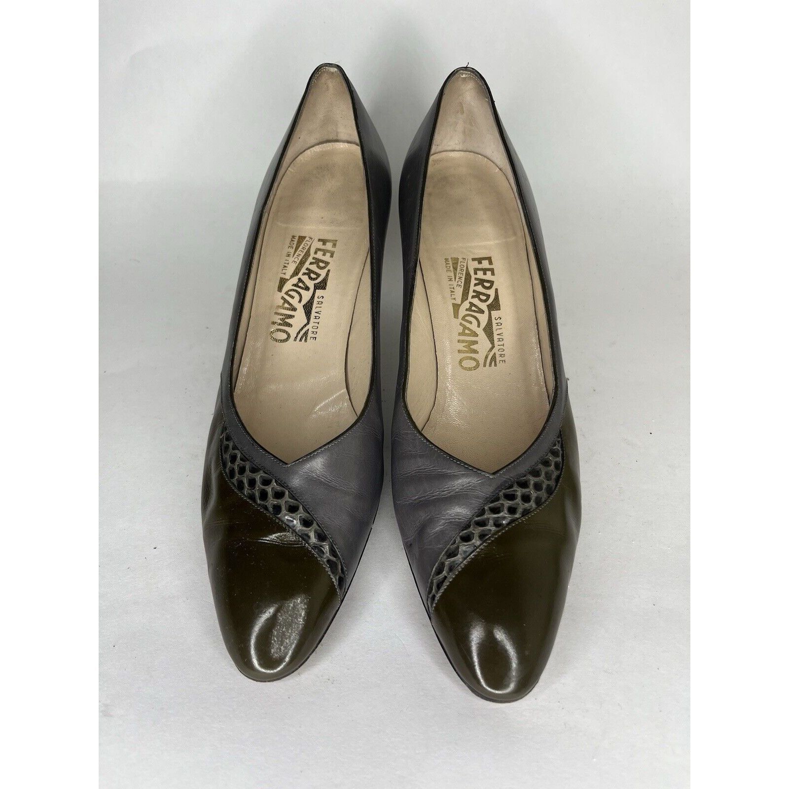 Salvatore Ferragamo Salvatore Ferragamo Gray Leather Green Dress Heels Women’s S Size US 10 / IT 40 - 12 Thumbnail