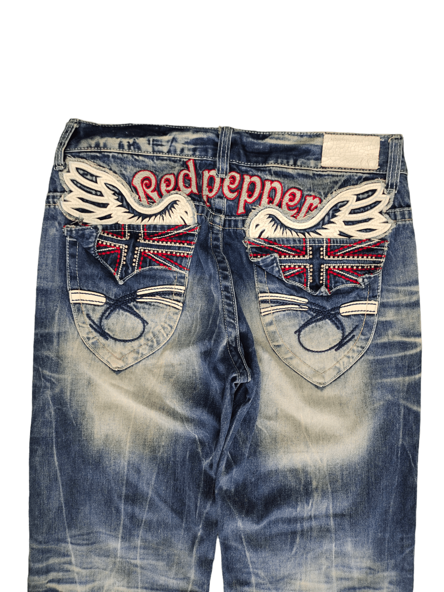Vintage Red Pepper Wing & UK Flag Embroidered Denim Ed Hardy Y2k Size US 34 / EU 50 - 3 Thumbnail