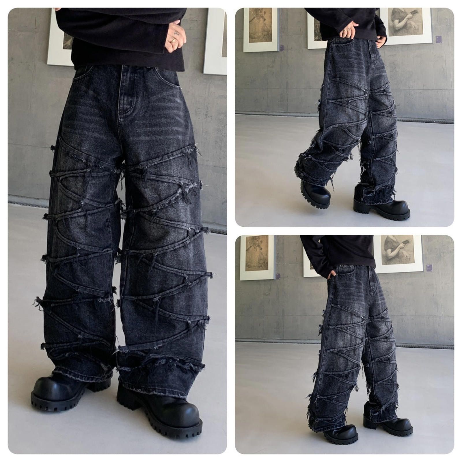 Black Distressed Wide Leg Jeans, Baggy Denim Pants