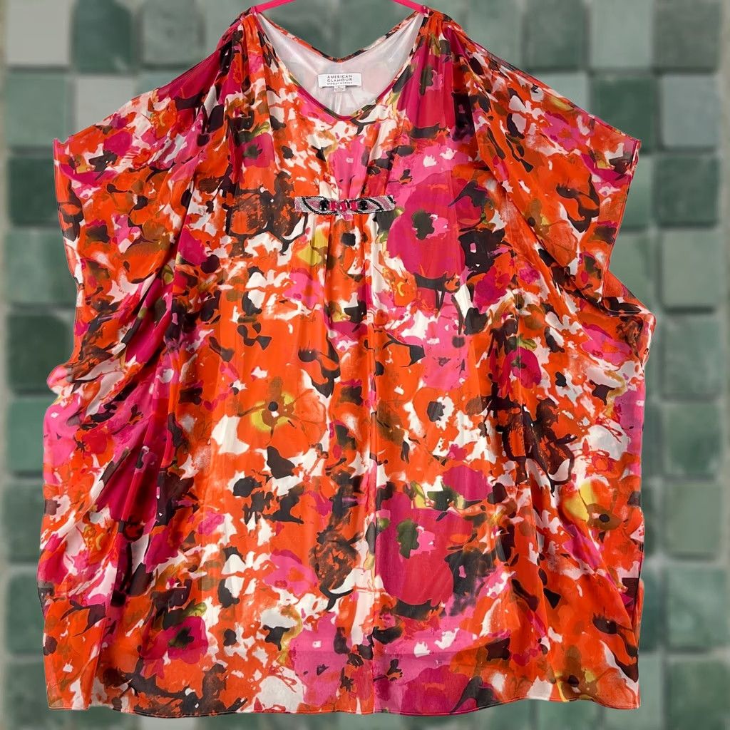 Badgley Mischka American Glamour Badgley Mischka Tunic Shirt Womens Large Orange Floral V-Neck Size L / US 10 / IT 46 - 1 Thumbnail
