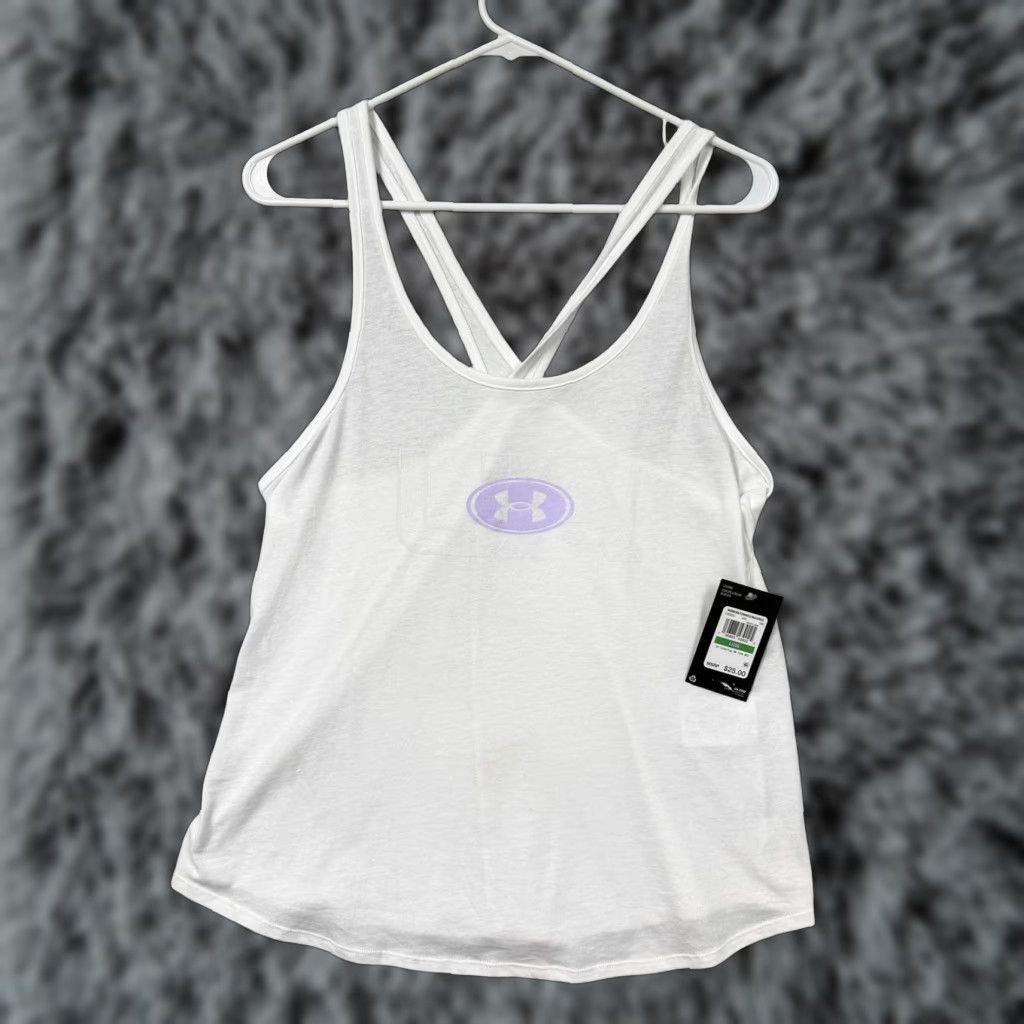 Under Armour Under Armour Tank Top Women L White Lilac Lightweight Sleeveless Racerback Gym & Training Scoop Neck Casual 1383251 Size L / US 10 / IT 46 - 1 Thumbnail