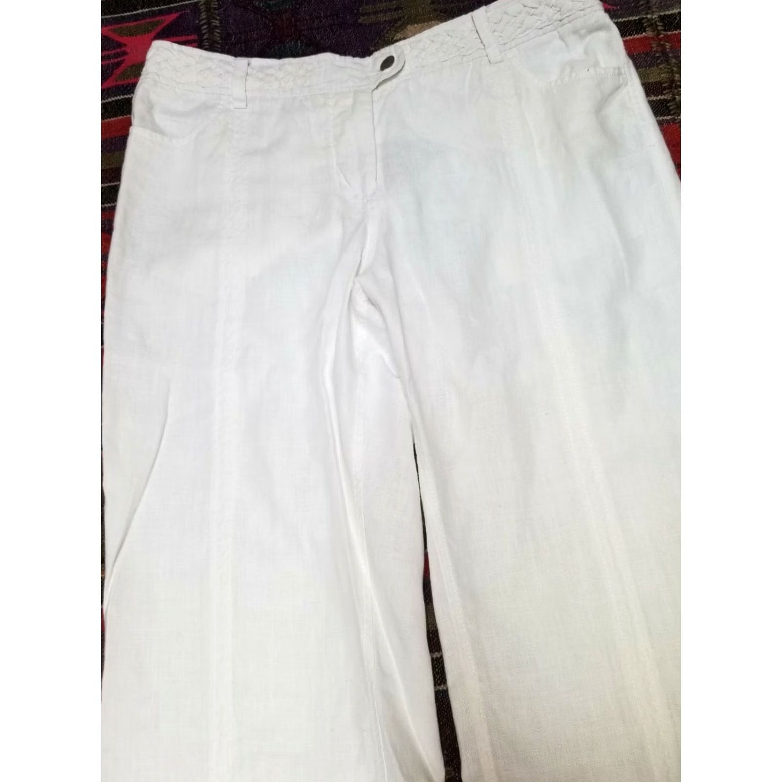 Vintage Womens High Rise Pants Extended Button Tab Braided Waist 100% Linen White Sz 14 Size 36" / US 14 / IT 50 - 3 Thumbnail