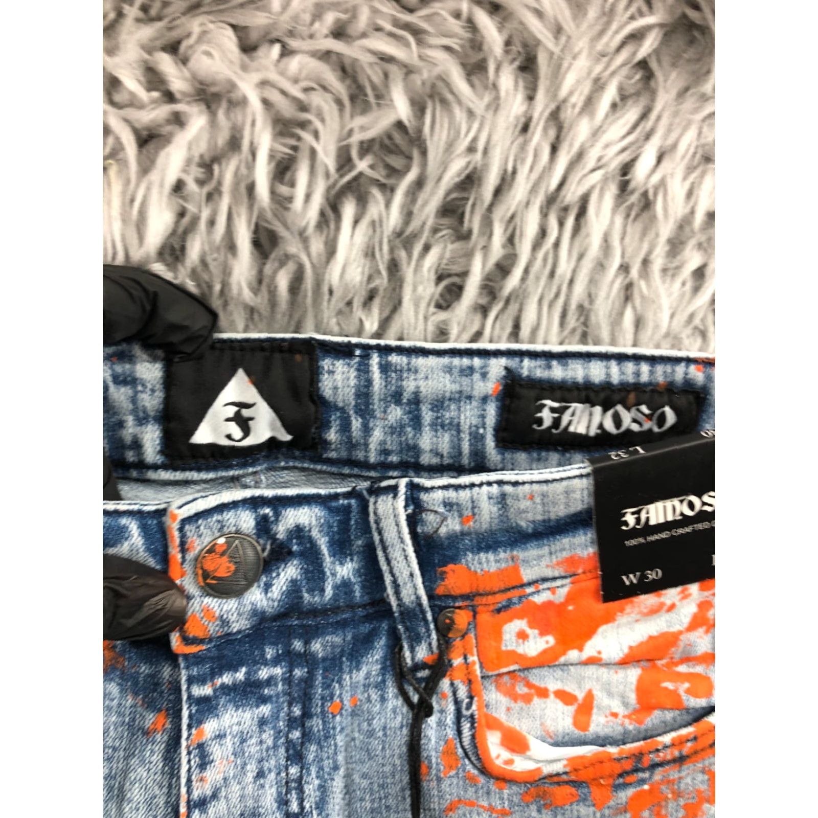 Vintage Famoso Jeans Slim Tapered 30x32 Mens Blue Orange Paint Splotch Distressed Denim 5-Pocket Classic Modern Vintage No Size US 30 / EU 46 - 7 Thumbnail