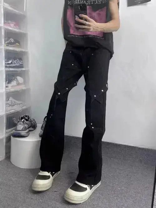 Japanese Brand VIBE Black lace-up studded micro-flared casual overalls Size US 32 / EU 48 - 1 Thumbnail