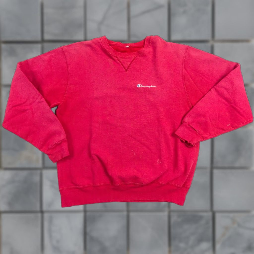 Champion VINTAGE Champion Sweatshirt Mens Large Red Crewneck Distressed Logo Embroidered All Seasons Sweater Ultra Faded 90s Mens Size US L / EU 52-54 / 3 - 1 Thumbnail