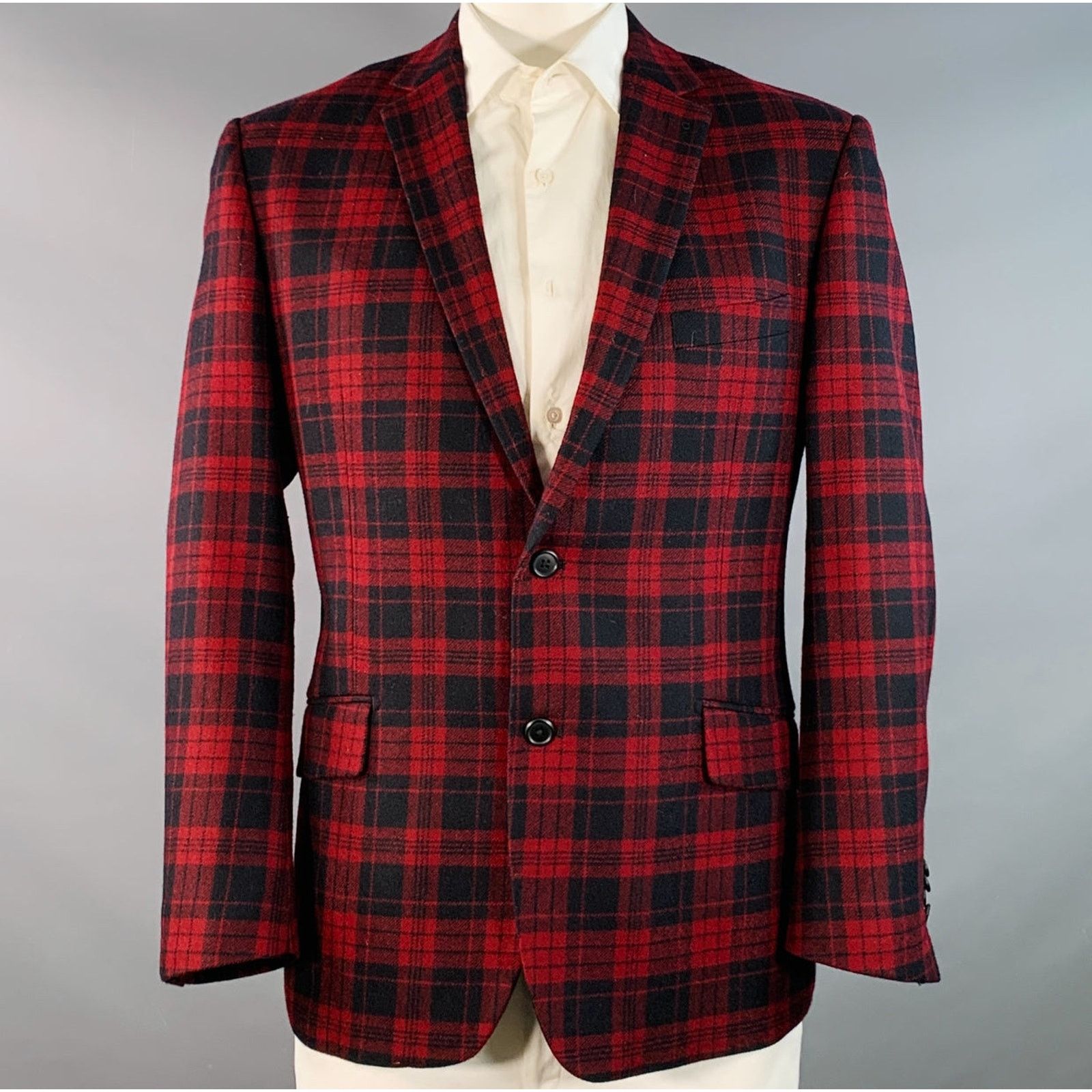 Paul Fredrick Red Black Plaid Wool Tailored Fit Notch Lapel Sport Coat Size 44R - 1 Thumbnail