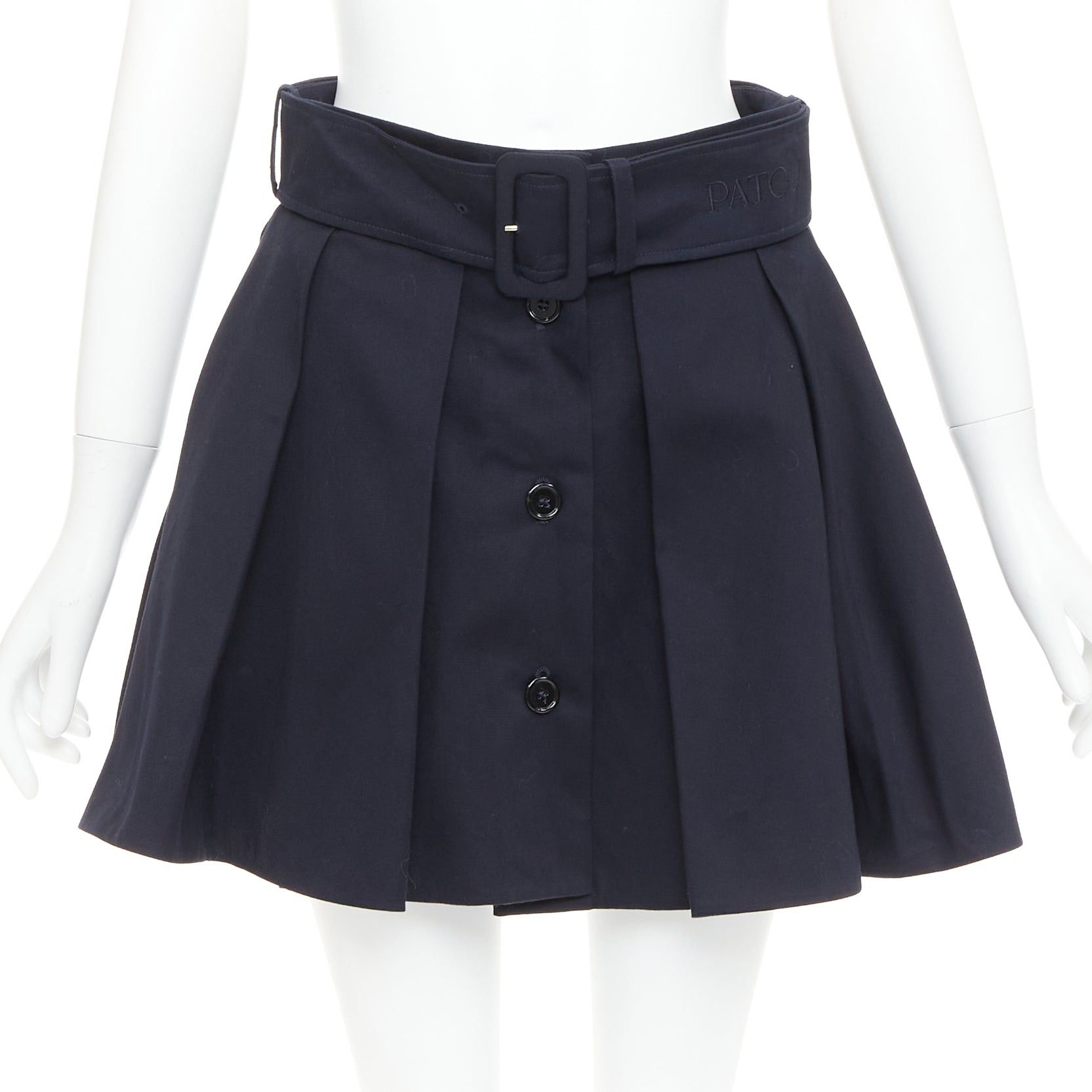 Patou PATOU navy cotton front button box pleat belted flared mini skirt FR38 M Size 28" / US 6 / IT 42 - 1 Thumbnail