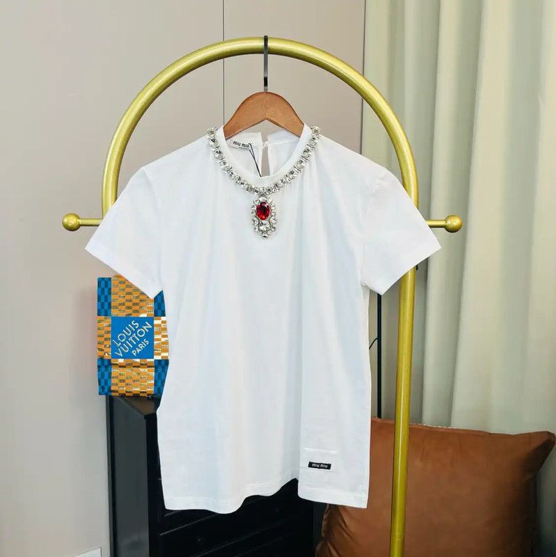 Miu Miu Miu Miu White Cotton T-Shirt with Gem Detail 0089 Size S / US 4 / IT 40 - 1 Thumbnail
