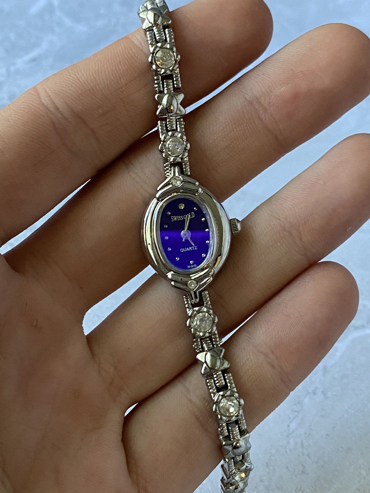 Jewelry × Vintage Swiss Gold Watch with Purple Dial & Crystals Size ONE SIZE - 6 Thumbnail