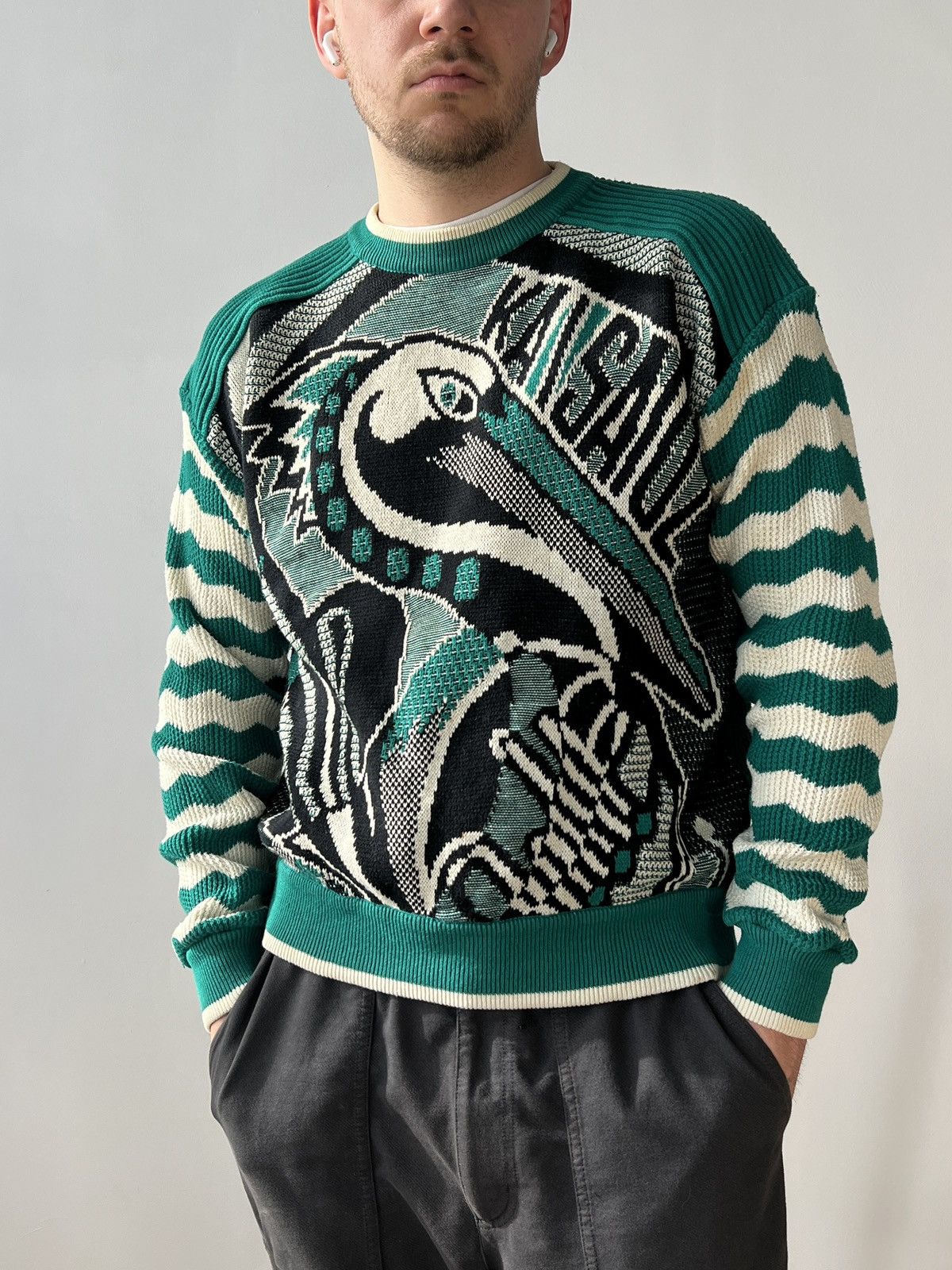 Kansai Yamamoto Vintage Rare Kansai Yamamoto Cotton Green White Sweater M Size US M / EU 48-50 / 2 - 1 Thumbnail