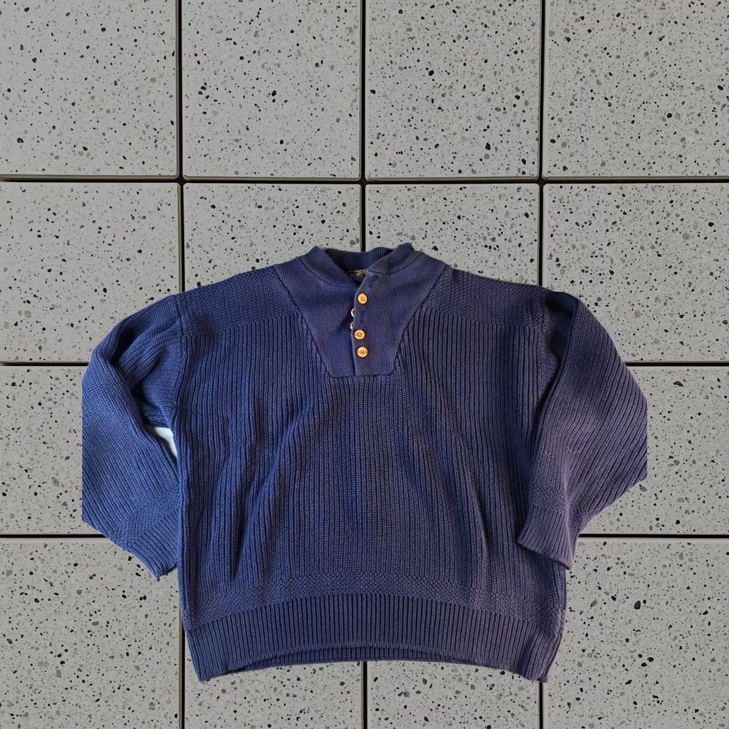 Eddie Bauer Sweater Mens 1XL Blue Cotton Mock Neck Button Ribbed Pullover, Men's