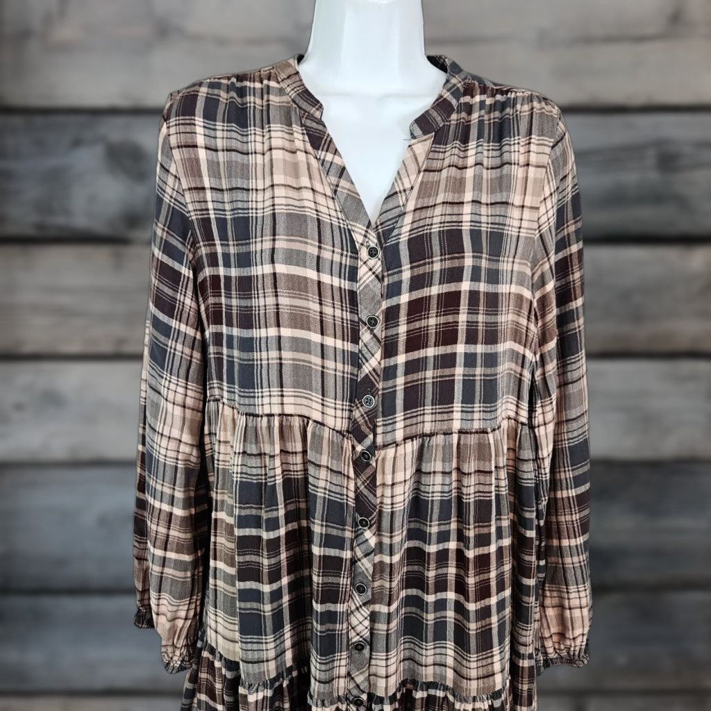 Vintage Knox Rose Womens Shirt Dress Sz M Pink Gray Plaid Long Sleeve Button Up Rayon Size M / US 6-8 / IT 42-44 - 1 Thumbnail