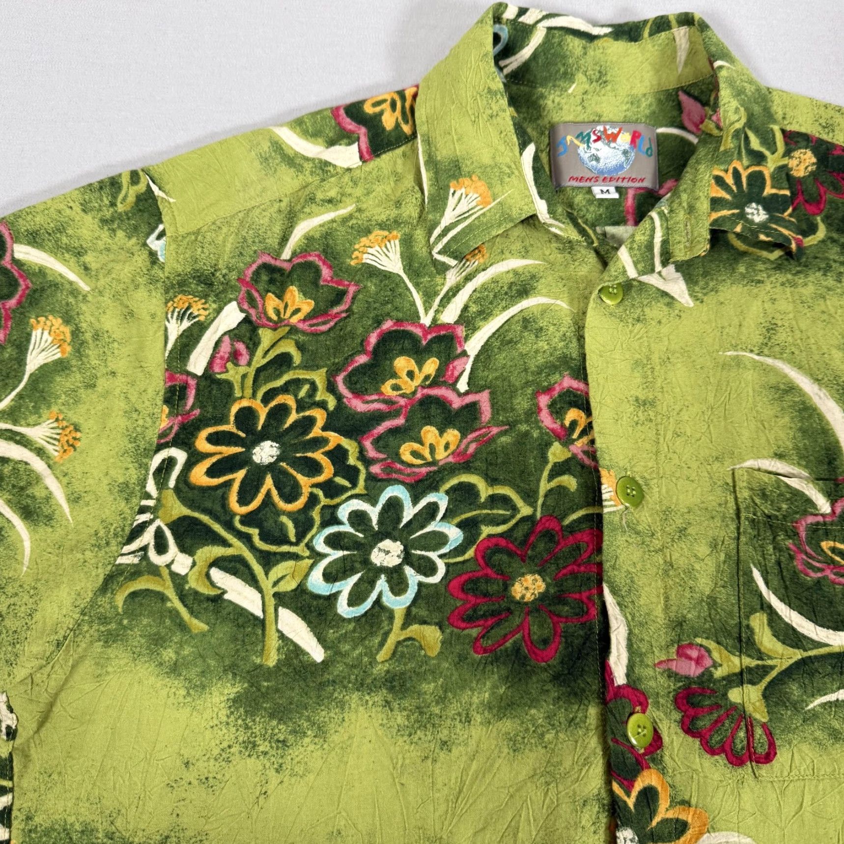 VINTAGE Jams World Shirt Mens Medium Green Hawaiian Aloha Floral Rayon 90s Mens