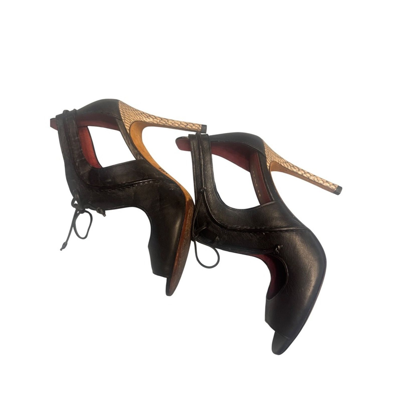 Coach Coach Black Leather Lace-Up Heels w/ Snakeskin Stiletto Size US 7 / IT 37 - 1 Thumbnail
