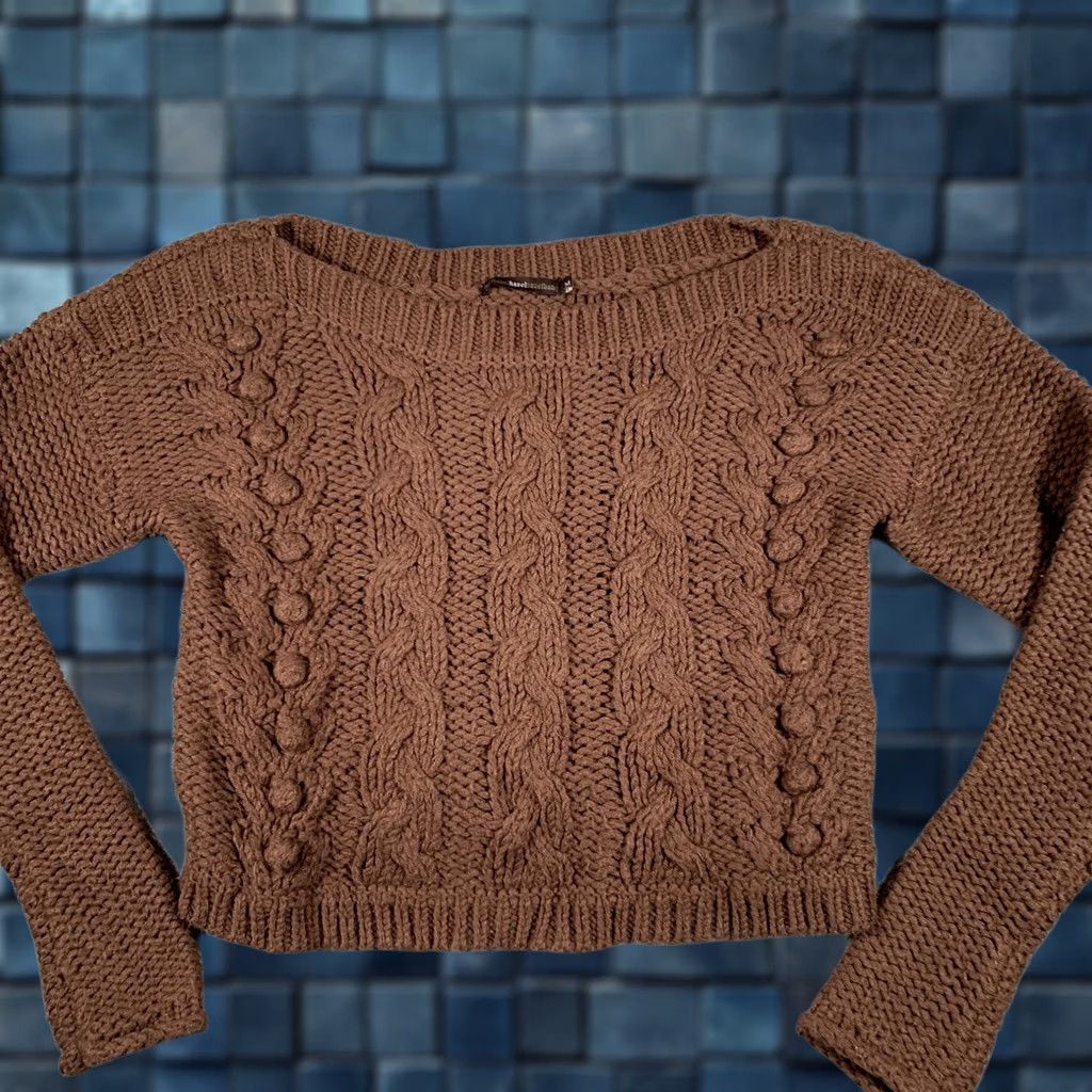 Vintage Hazel Sweater Womens Medium Brown Cable Knit Boat Neck Cropped Pullover Size M / US 6-8 / IT 42-44 - 1 Thumbnail