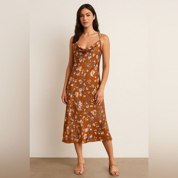 Other Audrey 3+1 Rust Floral Cowl Neck Slip Dress – Size L Size L / US 10 / IT 46 - 1 Thumbnail