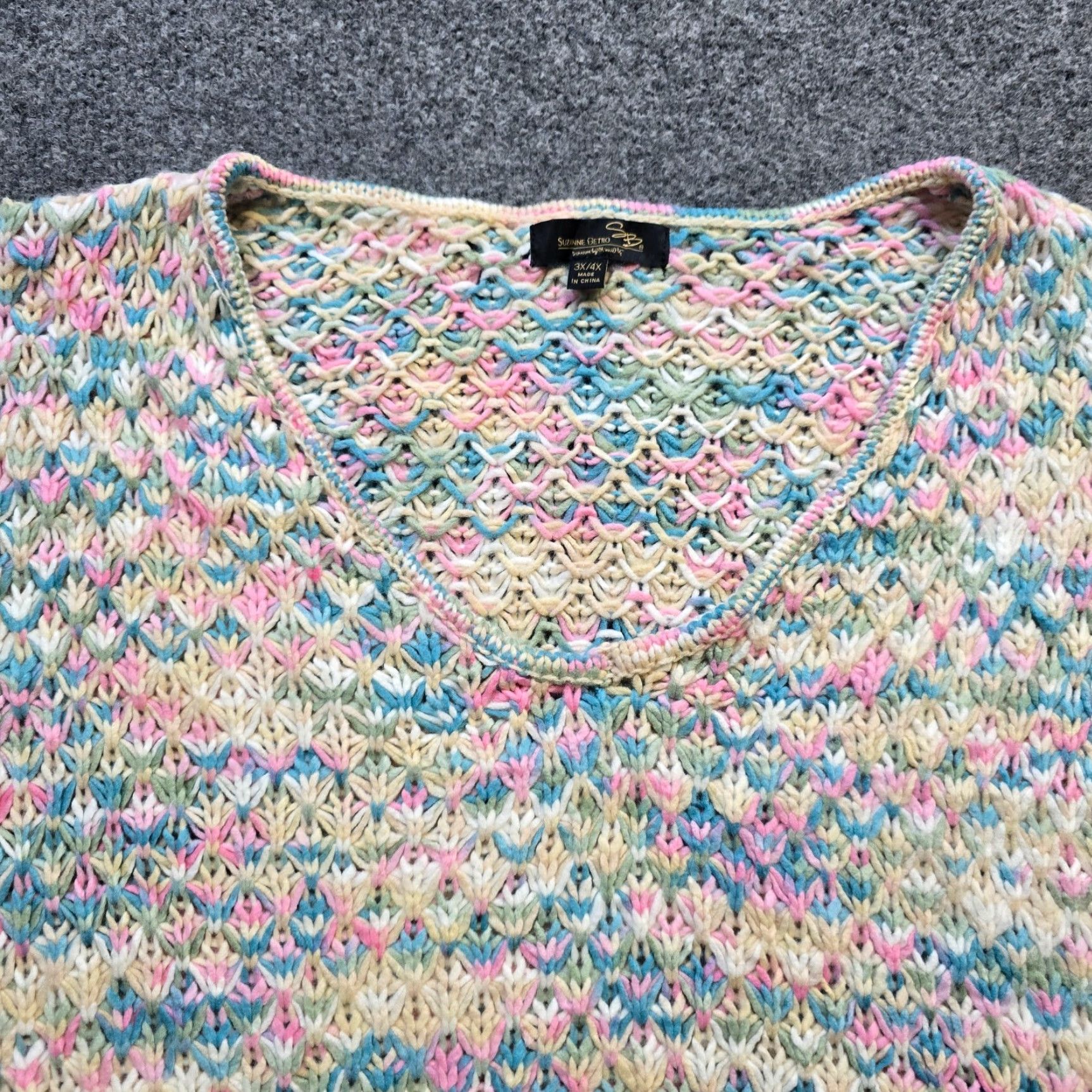 Vintage Suzanne Betro Sweater Womens 3X Pink Green Crochet Knit V Neck Casual Classic Rainbow Knit Pullover Womens Size XXL / US 16-18 / IT 52-54 - 2 Thumbnail