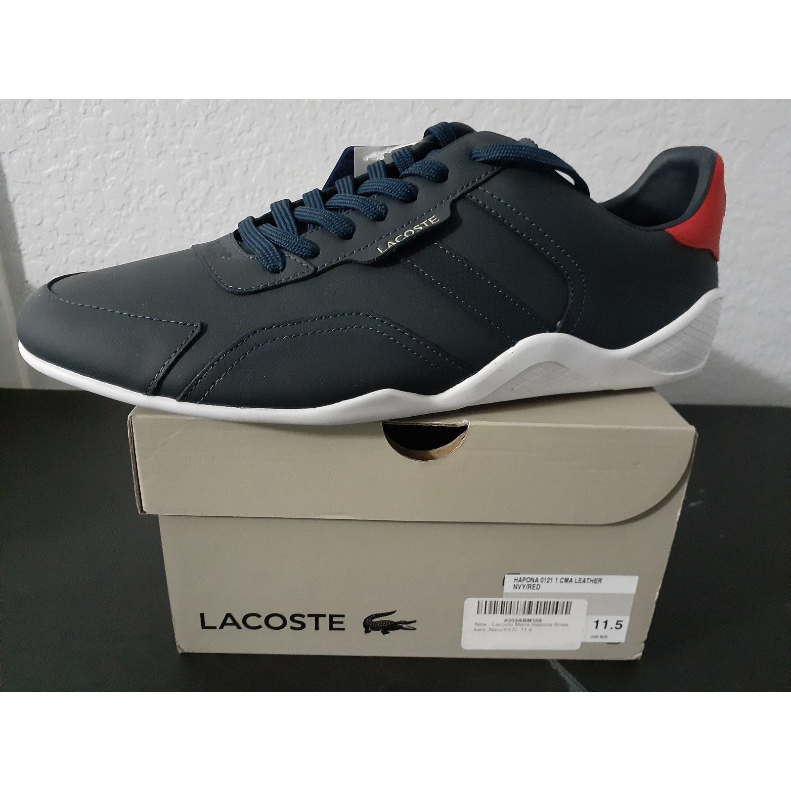 Lacoste Men's HAPONA Leather Sneaker Navy/Red Shoes 11.5
