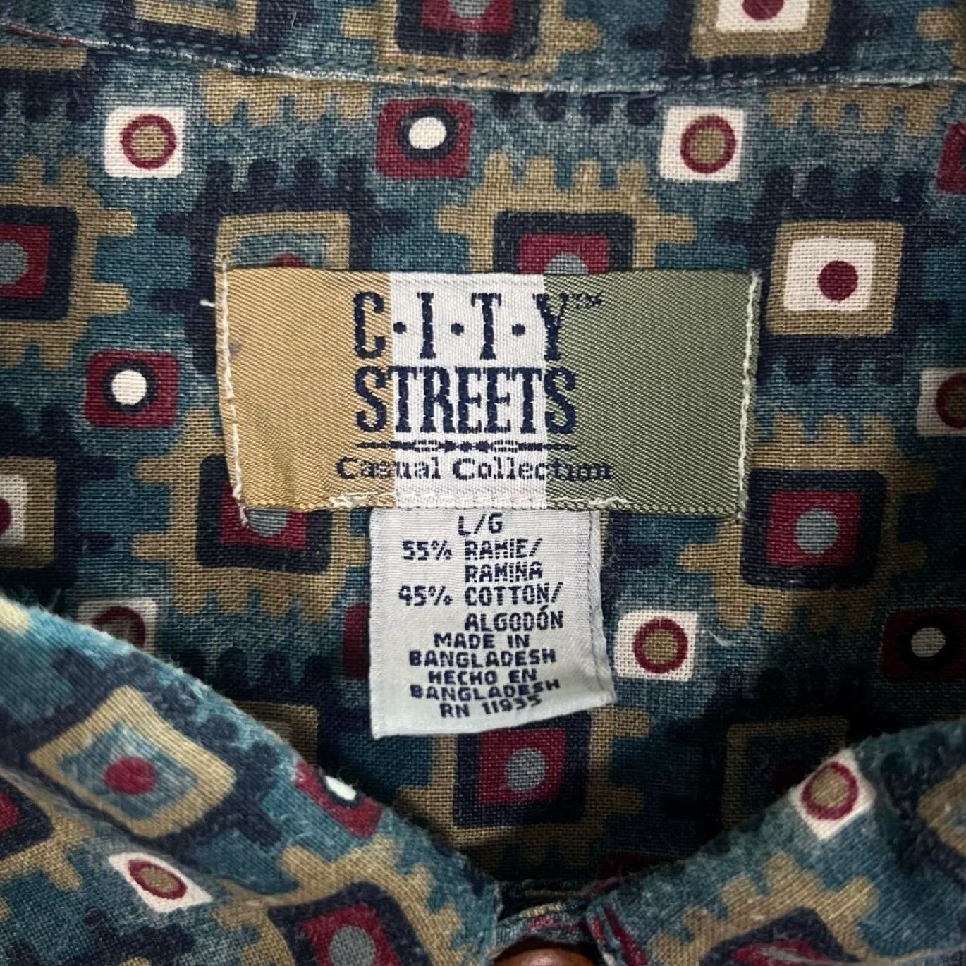 Vintage VINTAGE City Streets Shirt 90s Ramie Cotton Blue Large XL Button-Up Short Sleeve Patterned Abstract Mens Men’s 90s Theme Size US L / EU 52-54 / 3 - 4 Thumbnail