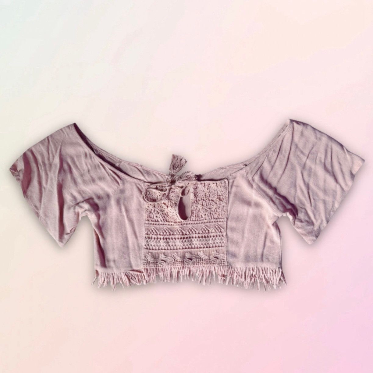 Vintage Vintage, Rose Blush, Peasant Style, Fringed Hem, Crop Top Size ONE SIZE - 17 Thumbnail
