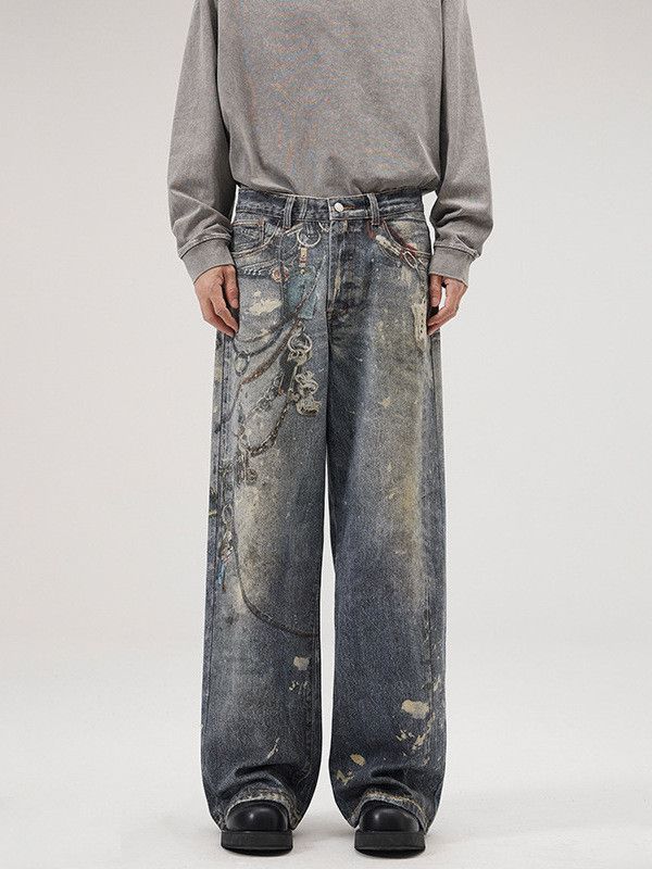 Japanese Brand Men's distressed chain print loose straight leg jeans Size US 32 / EU 48 - 1 Thumbnail