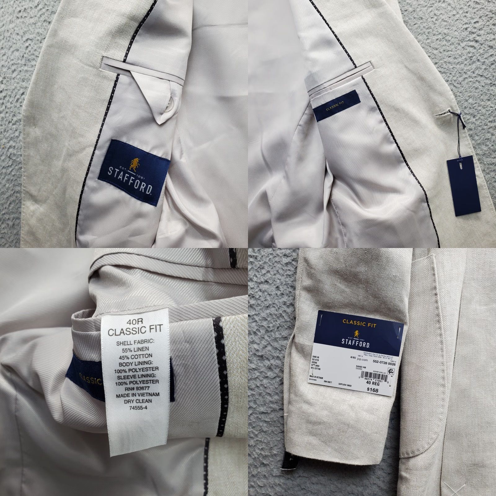 Stafford Stafford Mens Blazer Jacket Notch Lapel Tan Herringbone Linen Cotton 40R Size Mens Length 30 Chest 20.5 Size 40R - 8 Thumbnail