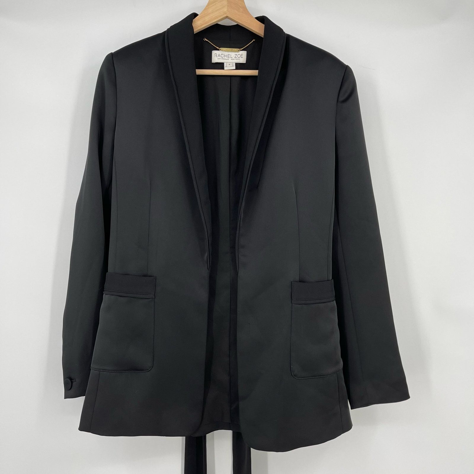 Rachel Zoe Rachel Zoe | Roarke Belted Grosgrain Trim Black Satin Blazer Size M / US 6-8 / IT 42-44 - 7 Thumbnail