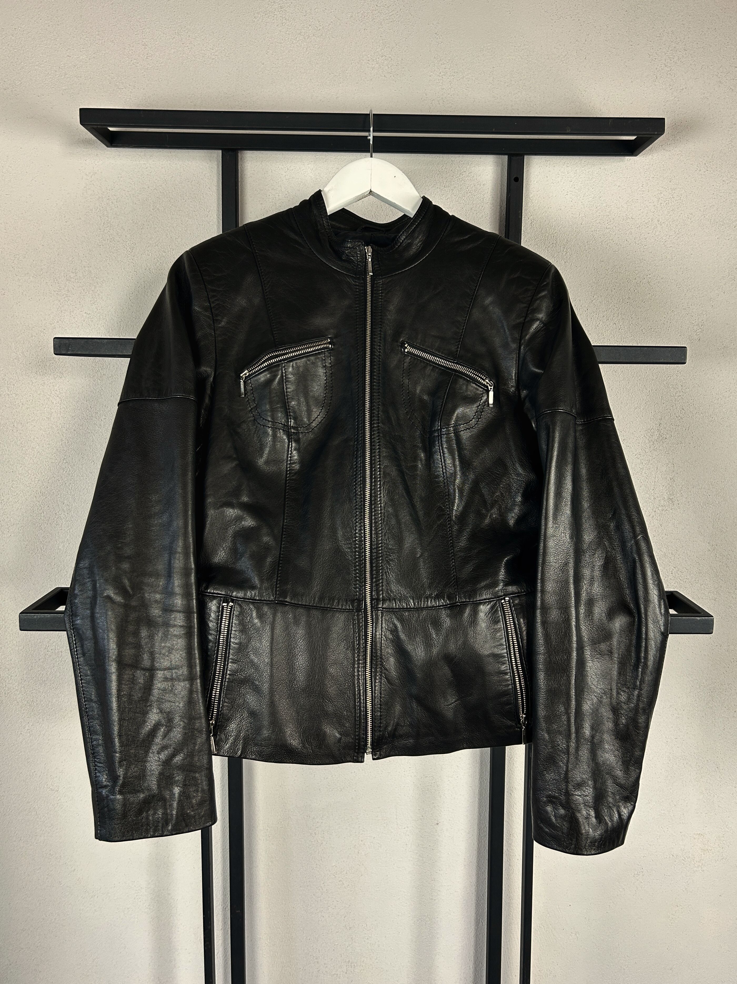 Vintage Black Leather Jacket Minimal Moto Biker Slim Y2K Archive Size S / US 4 / IT 40 - 1 Thumbnail