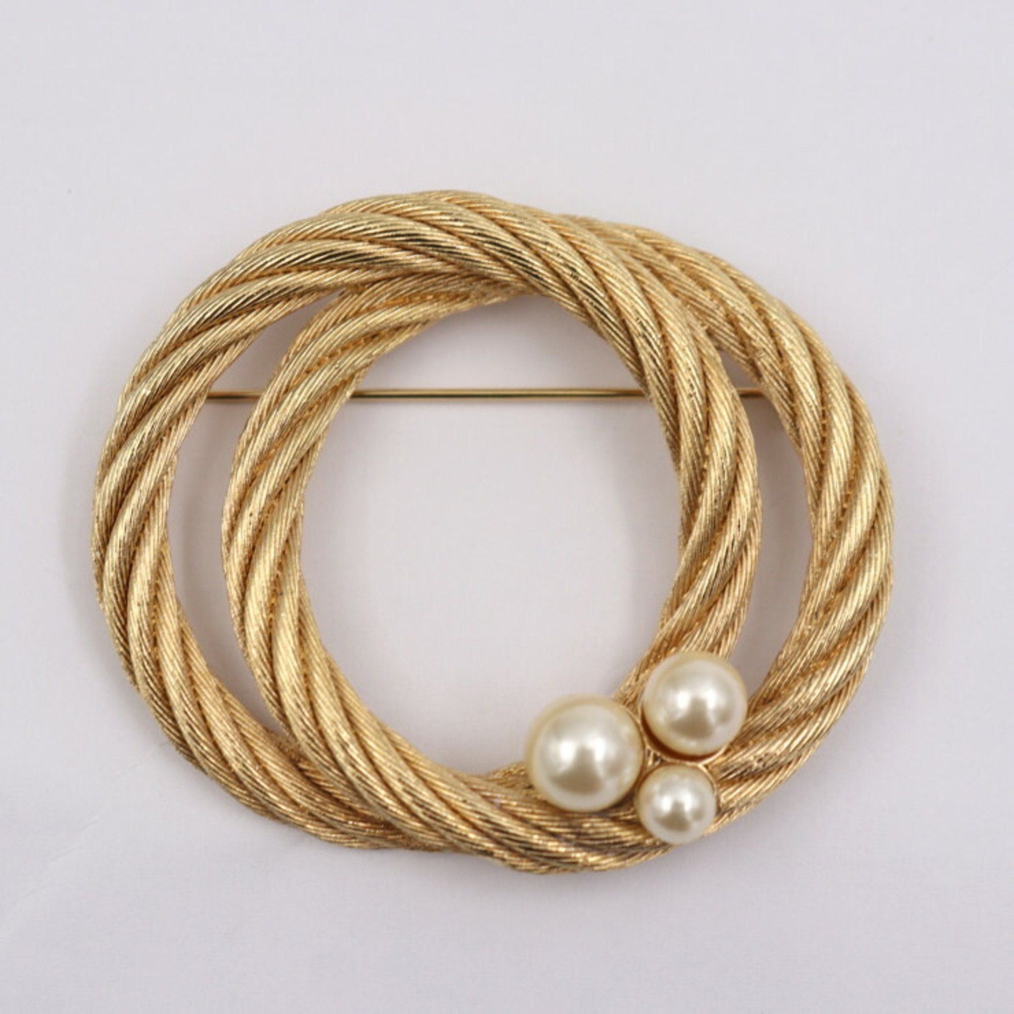 image of Christian Dior Pin Brooch Metal Gold Faux Pearl Rope, Women's