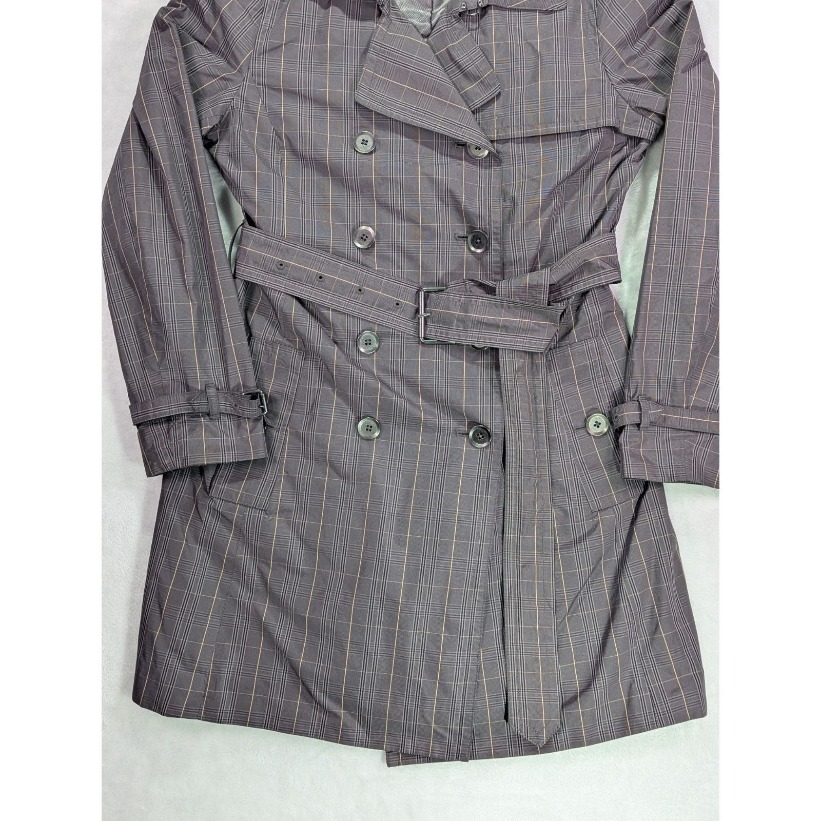 Banana Republic Trench Coat S Petite Gray Plaid Check Double Breasted Belted Size S / US 4 / IT 40 - 6 Thumbnail