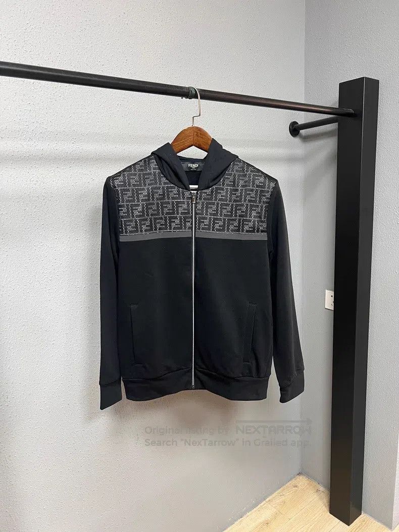 Fendi Black and Grey Openwork All-Over Printed Zip-Up Hood
