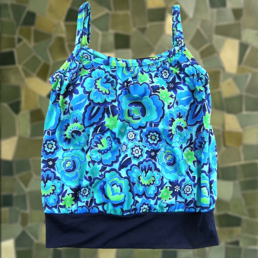 Vintage VTG Roxanne Tankini Swim Top 12 DD Blue Green Silver Metallic Tropical Floral Built-In Bra Padded Nylon Women Tankini Sized DD Girls Mens Size XL / US 12-14 / IT 48-50 - 1 Thumbnail