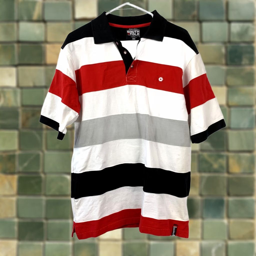 Southpole VINTAGE Southpole Polo Shirt Striped Short Sleeve Button M Black Red White Mens Polo Shirt, Casual, Cotton, 40 Chest, 29 Length, Breathable Size US M / EU 48-50 / 2 - 1 Thumbnail