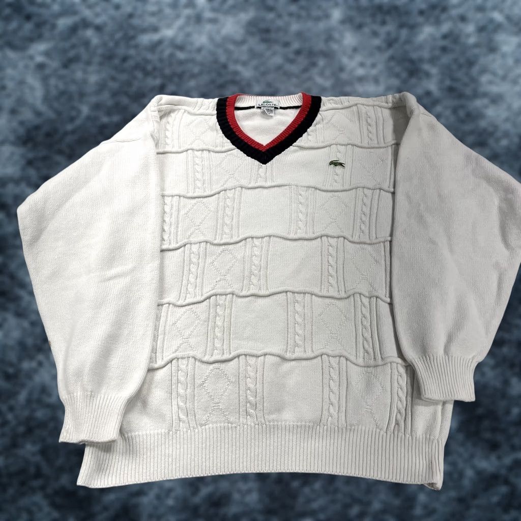 Lacoste VINTAGE Lacoste Mens Large White Textured Cotton Knit 90s Sweater Pullover V-Neck Logo Shirt Size US L / EU 52-54 / 3 - 1 Thumbnail