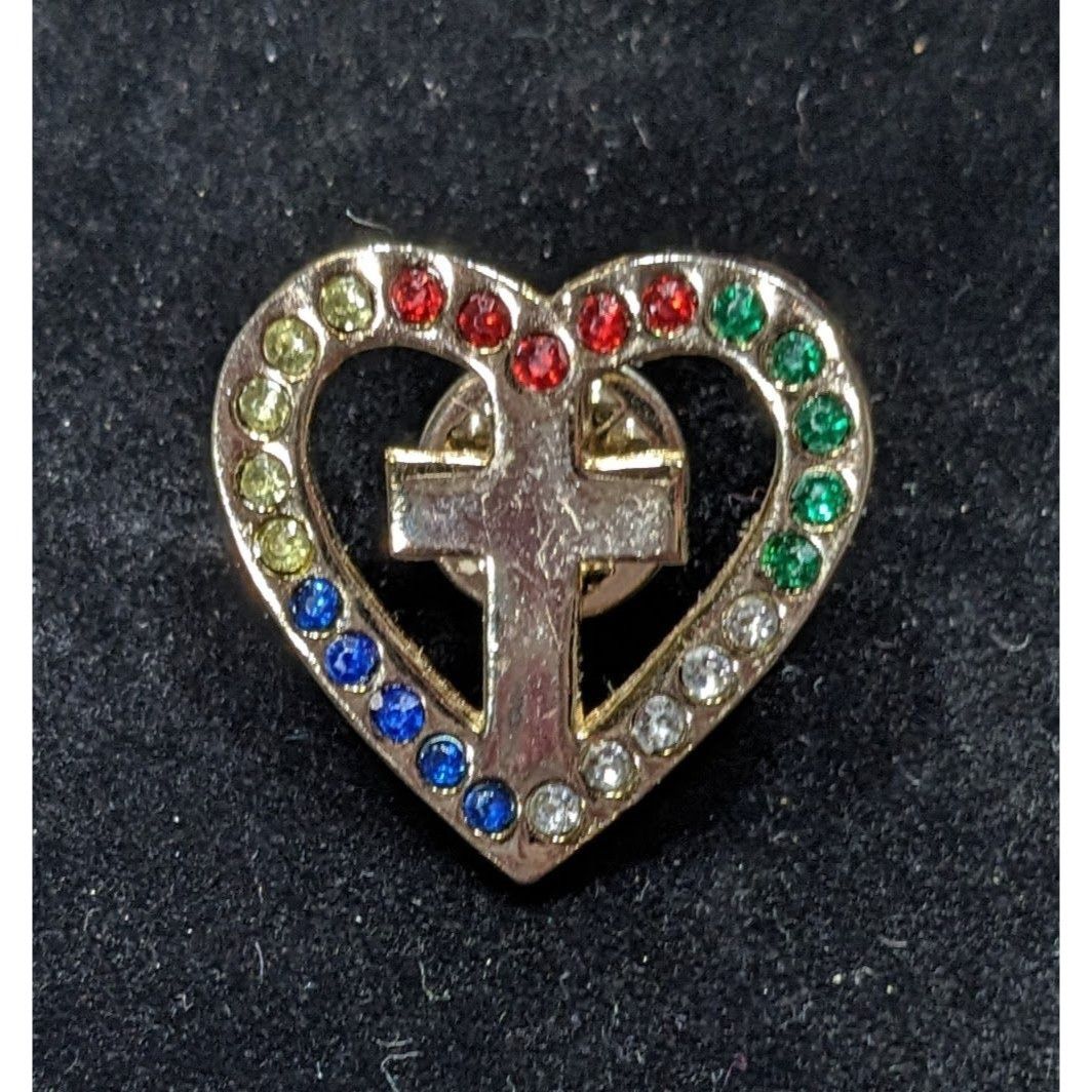 Other Religious Cross Heart Lapel Pin With Rainbow Rhinestones Size ONE SIZE - 3 Thumbnail