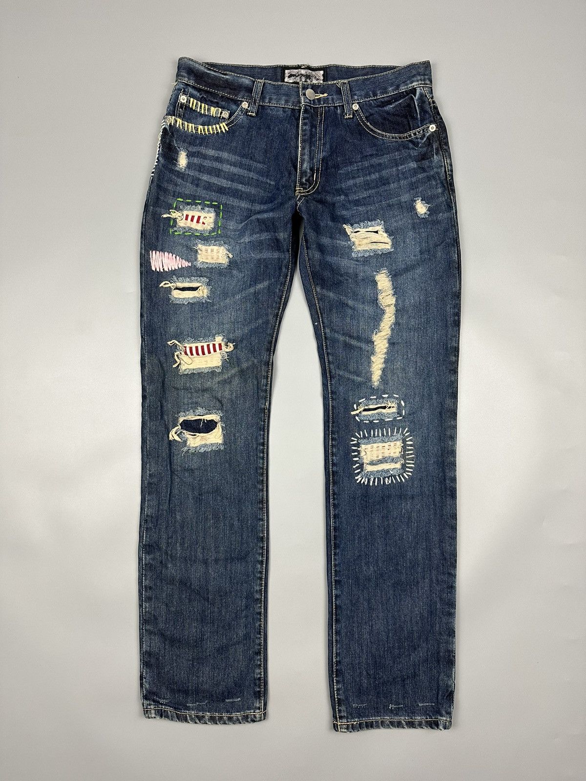 If Six Was Nine × Le Grande Bleu (L.G.B.) Distressed Japanese Brand Sashiko Patchwork Denim Size US 31 - 1 Thumbnail