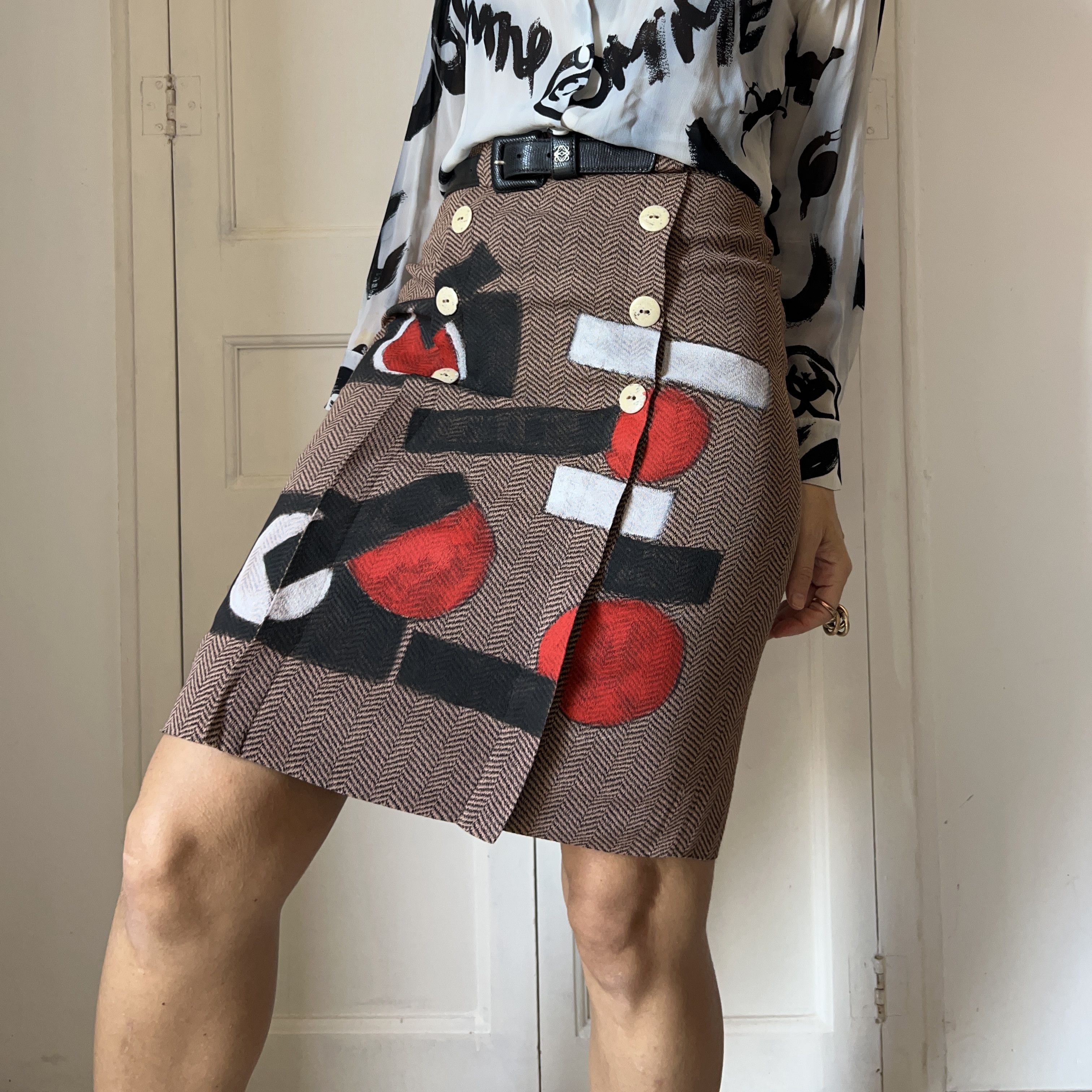 Custommade Hand Painted Abstract Skirt: Herringbone Geometric Size 28" / US 6 / IT 42 - 7 Thumbnail
