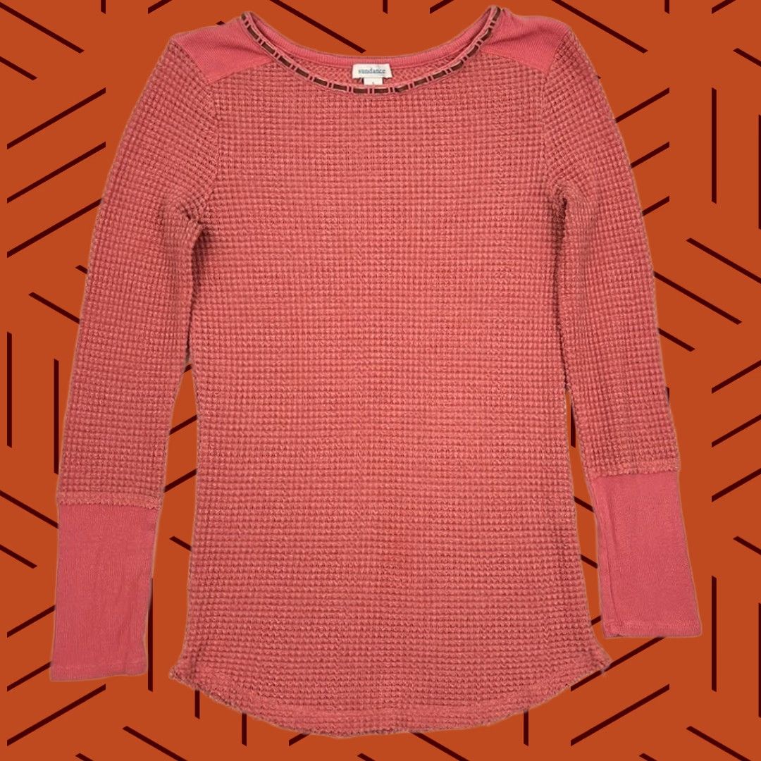 Vintage Sundance Blouse Womens S Pink Waffle Thermal Knit Lace Crew Ribbed Stretch Boho Size S / US 4 / IT 40 - 1 Thumbnail