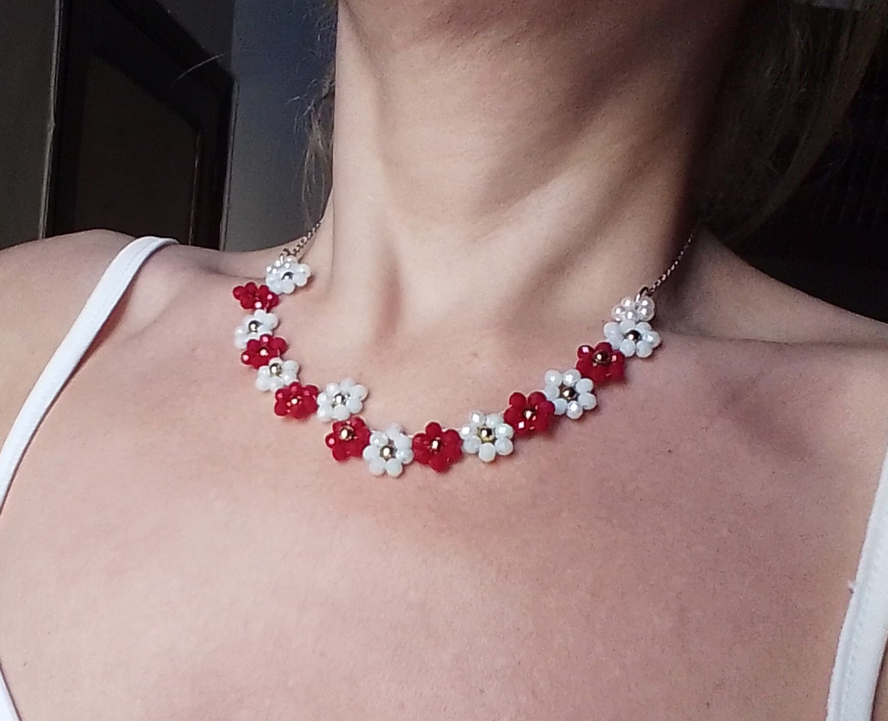 Handmade Necklace Red White Flowers Crystal. Earrings. Size ONE SIZE - 9 Thumbnail