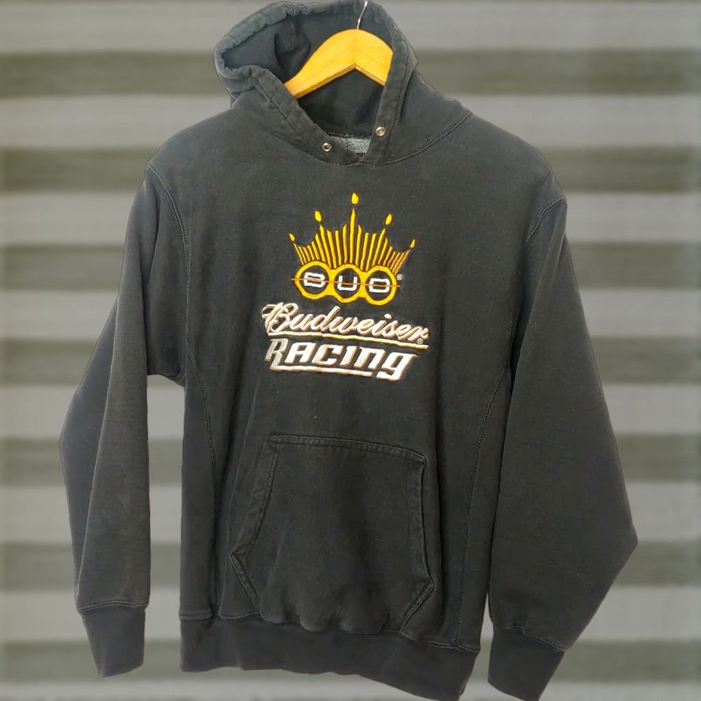 Budweiser VINTAGE BUDWEISER Racing Hooded Sweatshirt M Black Cotton Blend Reverse Weave Embroidered NASCAR Motorsports Beer Men Hoodie Pullover Size US M / EU 48-50 / 2 - 1 Thumbnail