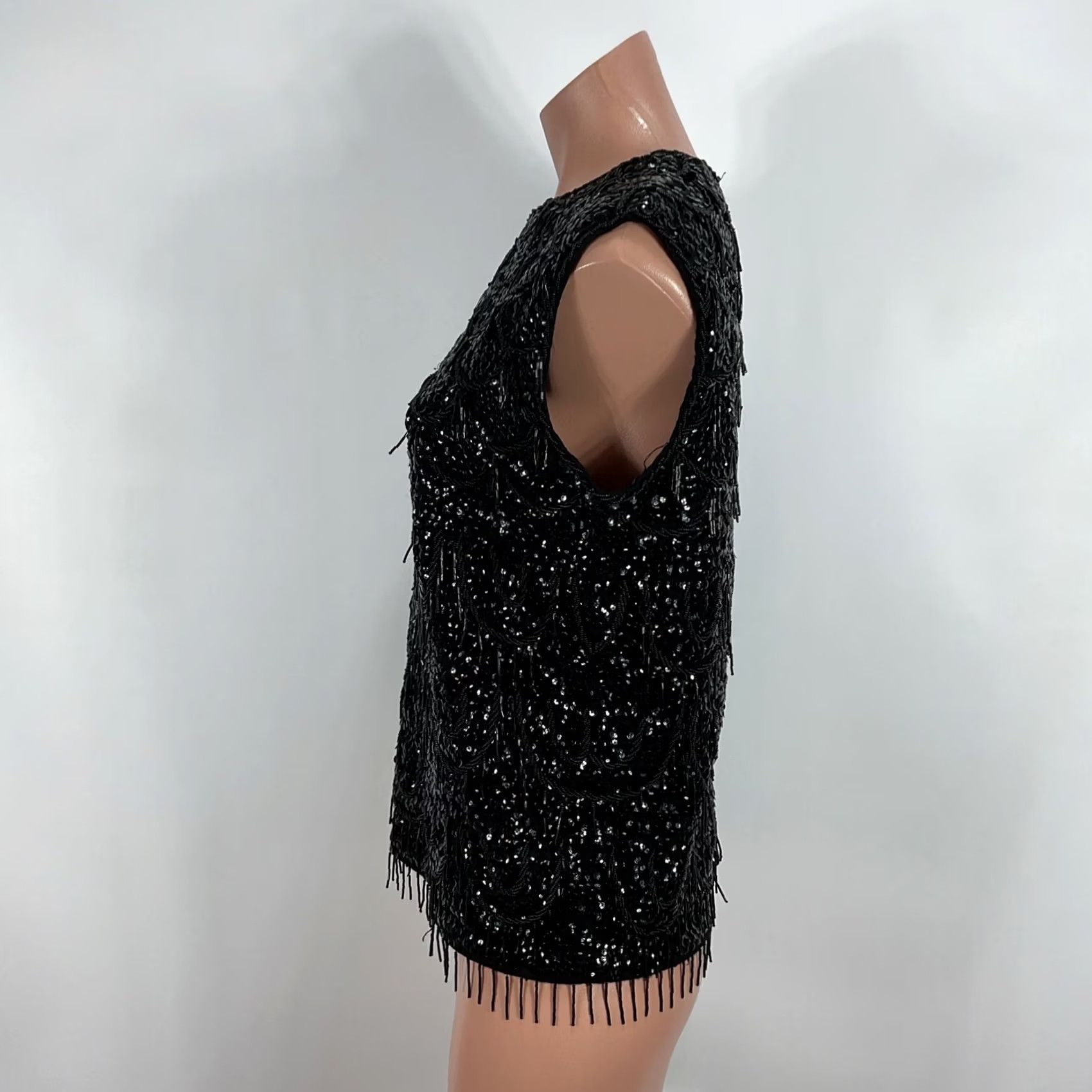 Vintage Gia Ninno Fringe High Neck Zip Back Vintage Black Wool Sequin & Beaded Top sz 14 Size L / US 10 / IT 46 - 6 Thumbnail