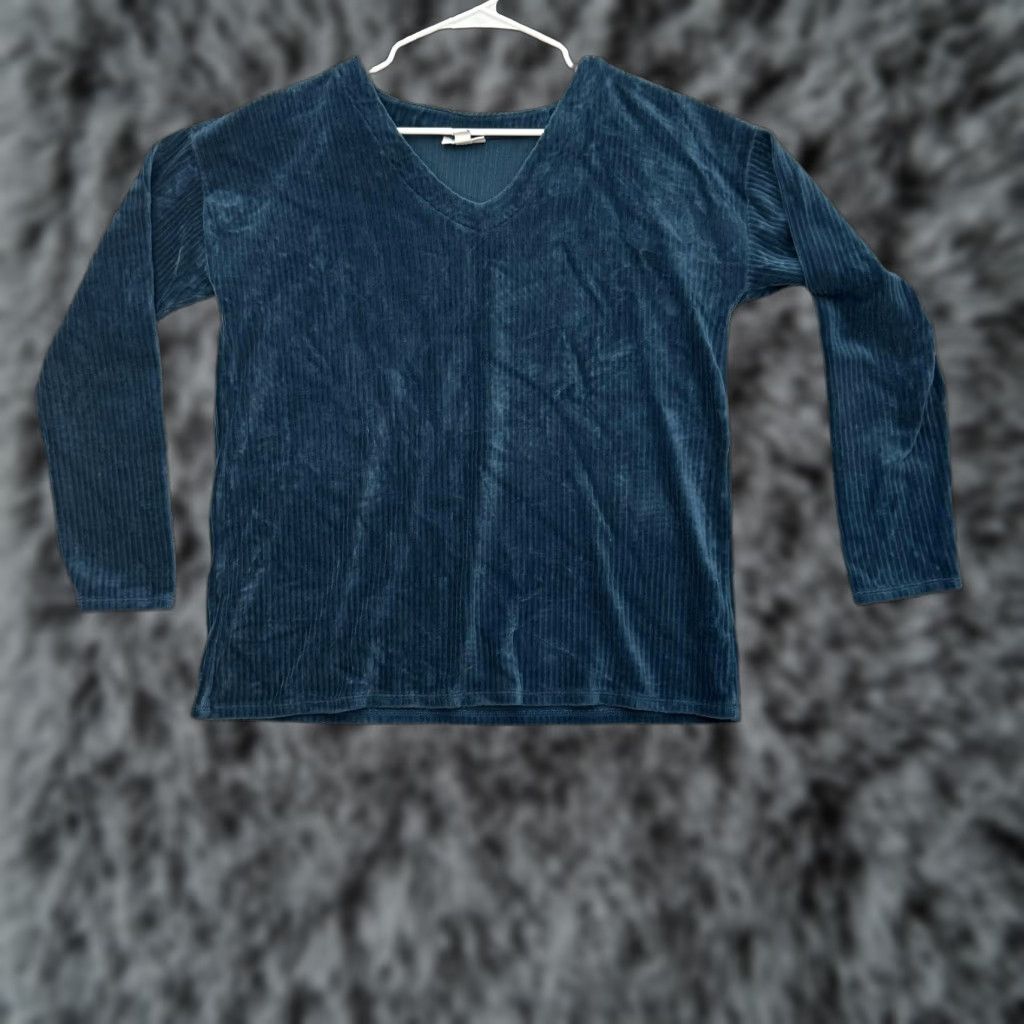 J. Jill J Jill Pullover Top Blouse Tall M V-Neck Long Sleeve Ribbed Velour Easy Care Blue Womens Size M / US 6-8 / IT 42-44 - 1 Thumbnail