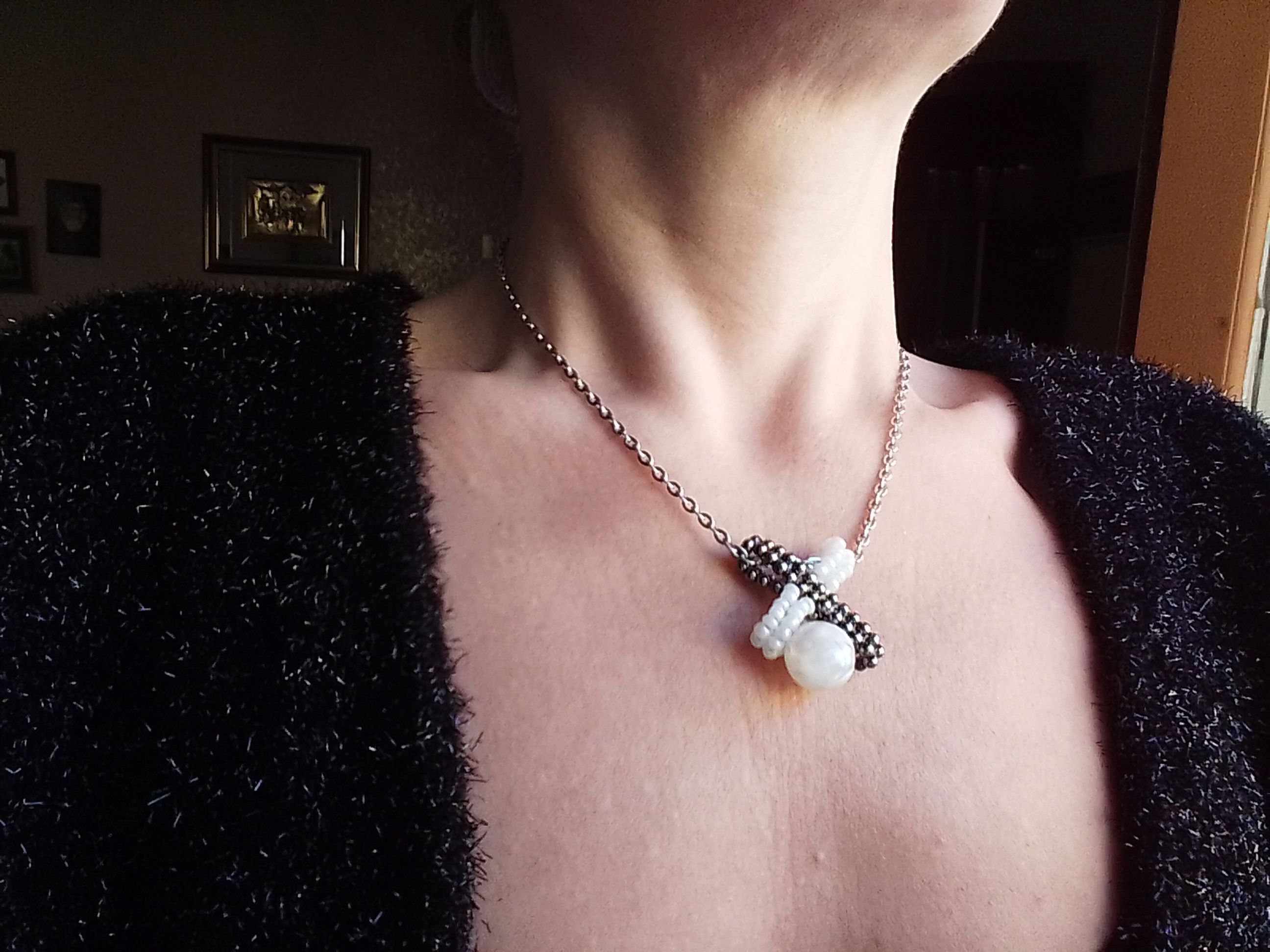 Handmade Necklace Pearl Beaded Cross X Pendant Elegant White Gray Size ONE SIZE - 5 Thumbnail